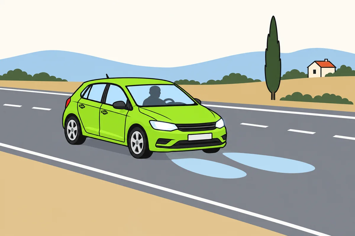 Un turismo verde circula por el carril derecho de una carretera y sus dos faros delanteros iluminan la calzada.