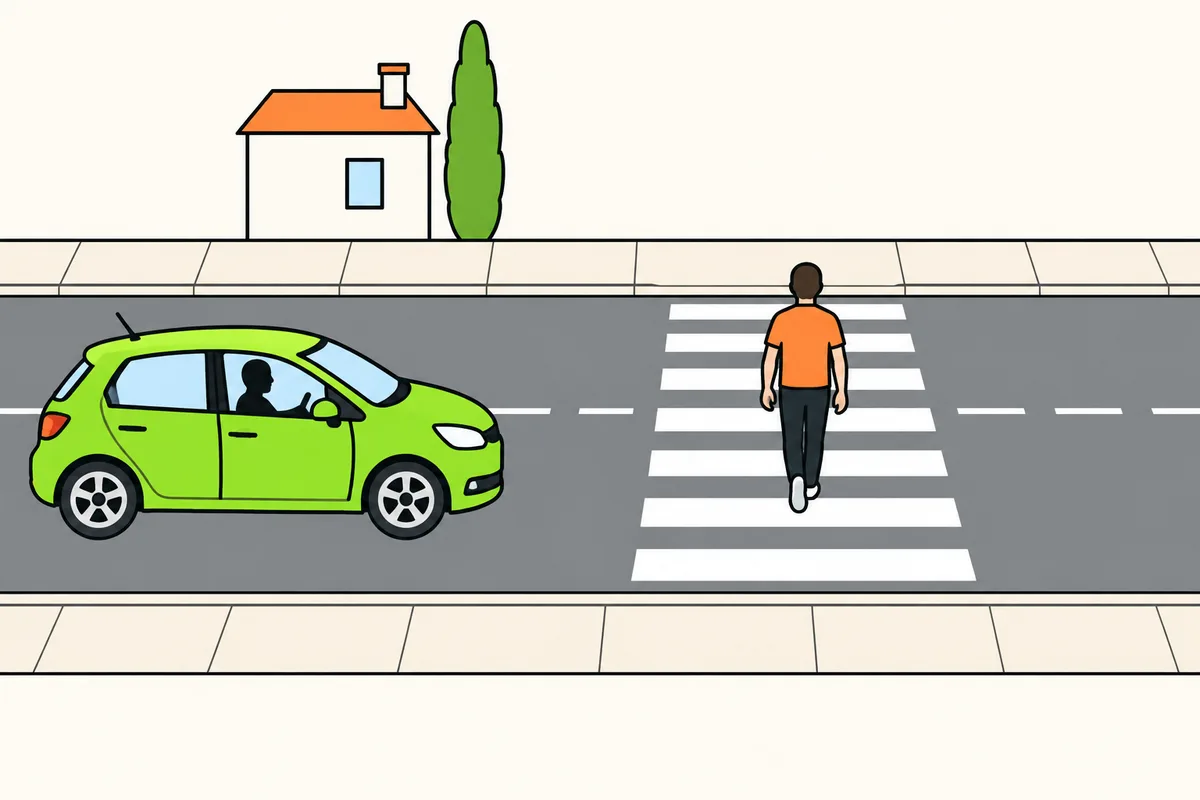 Un turismo verde está detenido antes de un paso de peatones mientras una persona con camiseta naranja cruza la calzada.