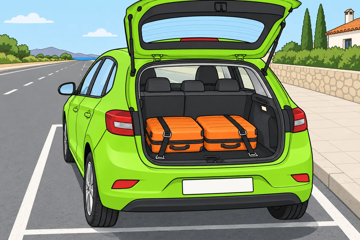Un coche verde estacionado junto a la acera tiene el maletero abierto y dos maletas naranjas sujetas con correas.