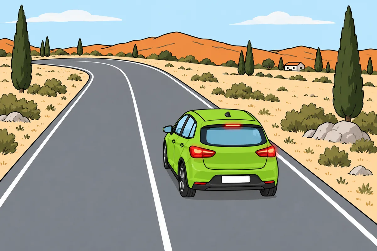 Un turismo verde con las luces de freno encendidas circula por el carril derecho de una carretera antes de una curva a la izquierda.