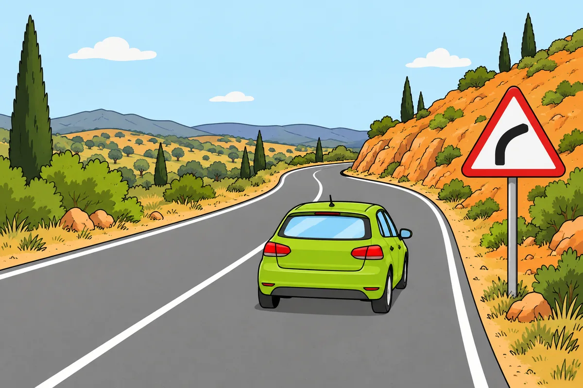 Un turismo verde circula por el carril derecho hacia una curva junto a una ladera, con una señal triangular de curva peligrosa a la derecha en el arcén.