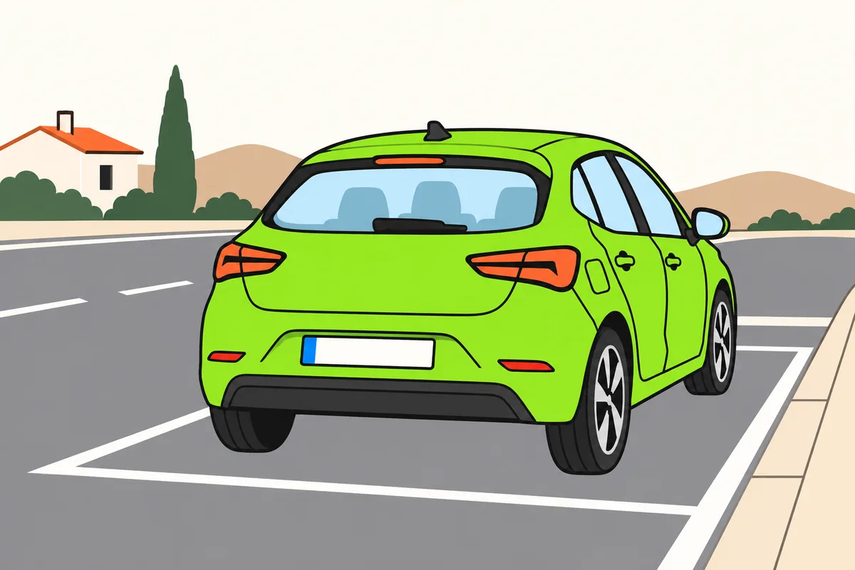 Un turismo verde visto desde atrás en tres cuartos está aparcado junto a la acera derecha, con una placa trasera blanca sin caracteres y una franja azul.