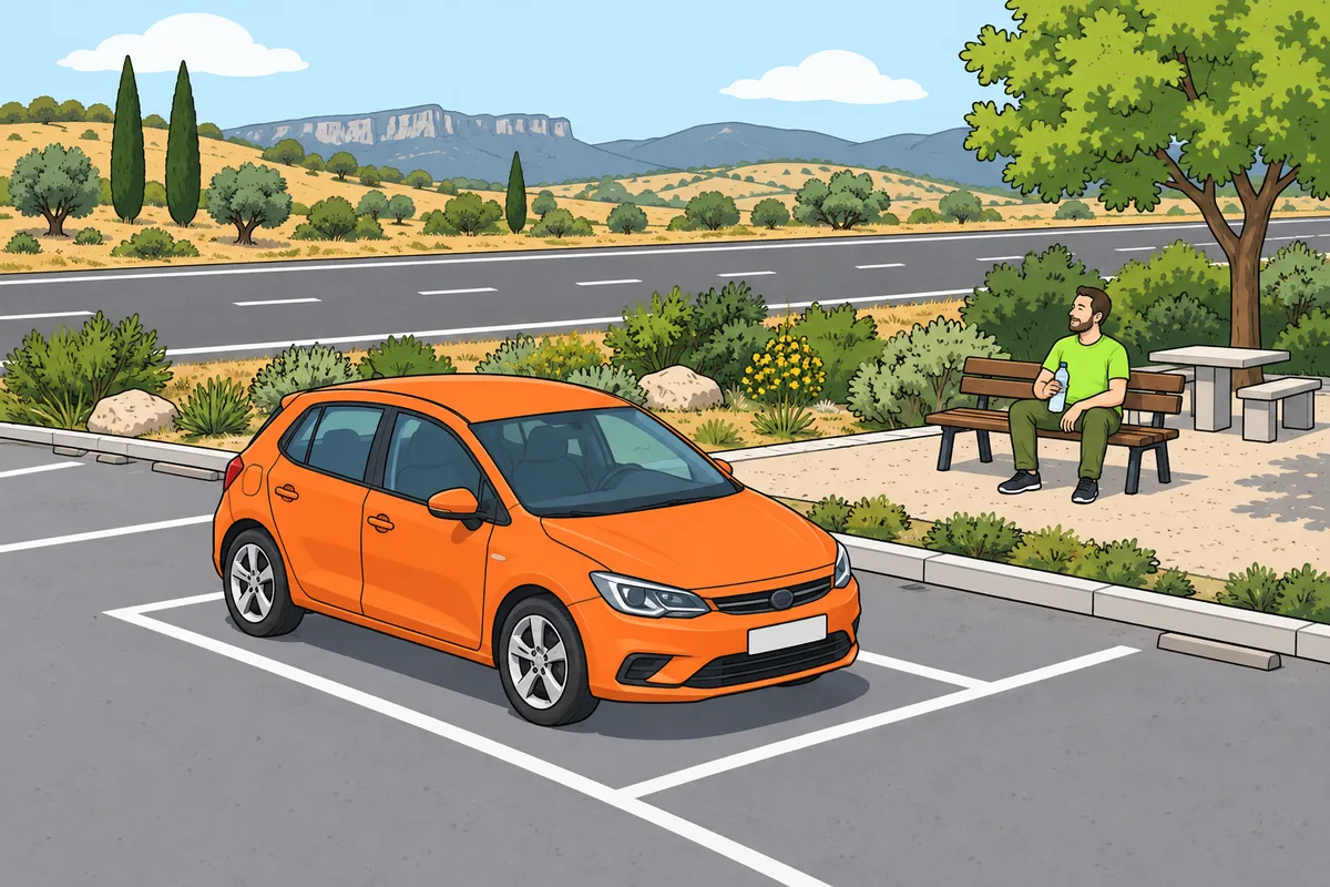 Un turismo naranja está estacionado en una plaza de un área de descanso y un hombre con una botella de agua está sentado en un banco junto a la carretera.