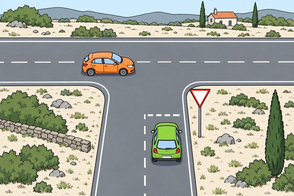 Un turismo verde espera ante una línea discontinua y una señal de ceda el paso en una intersección en T, mientras un turismo naranja circula de izquierda a derecha por la carretera transversal.