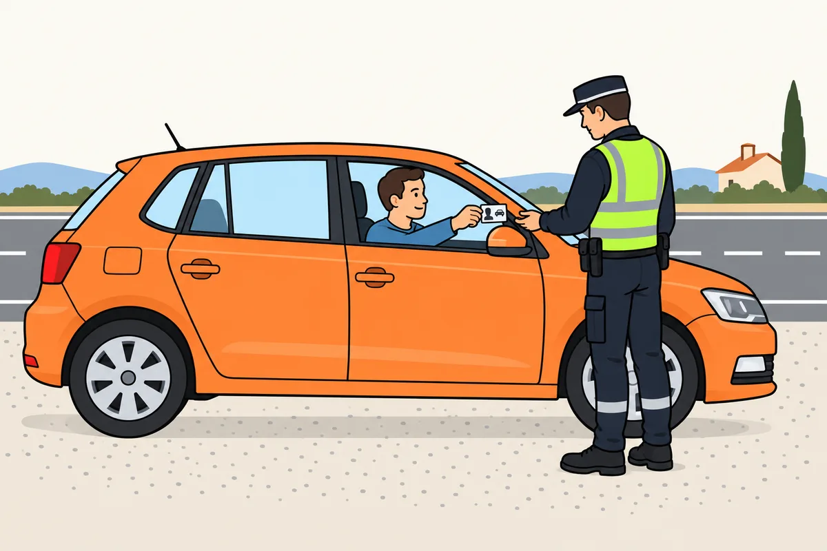 Un conductor muestra su permiso de conducción a un agente desde la ventanilla de un turismo naranja detenido junto a una carretera.