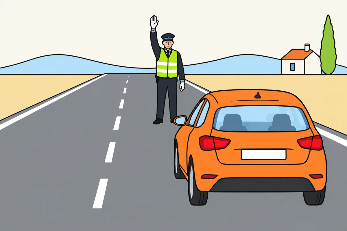 Un turismo naranja está detenido en el carril derecho ante un agente de tráfico con chaleco reflectante y un brazo levantado verticalmente.