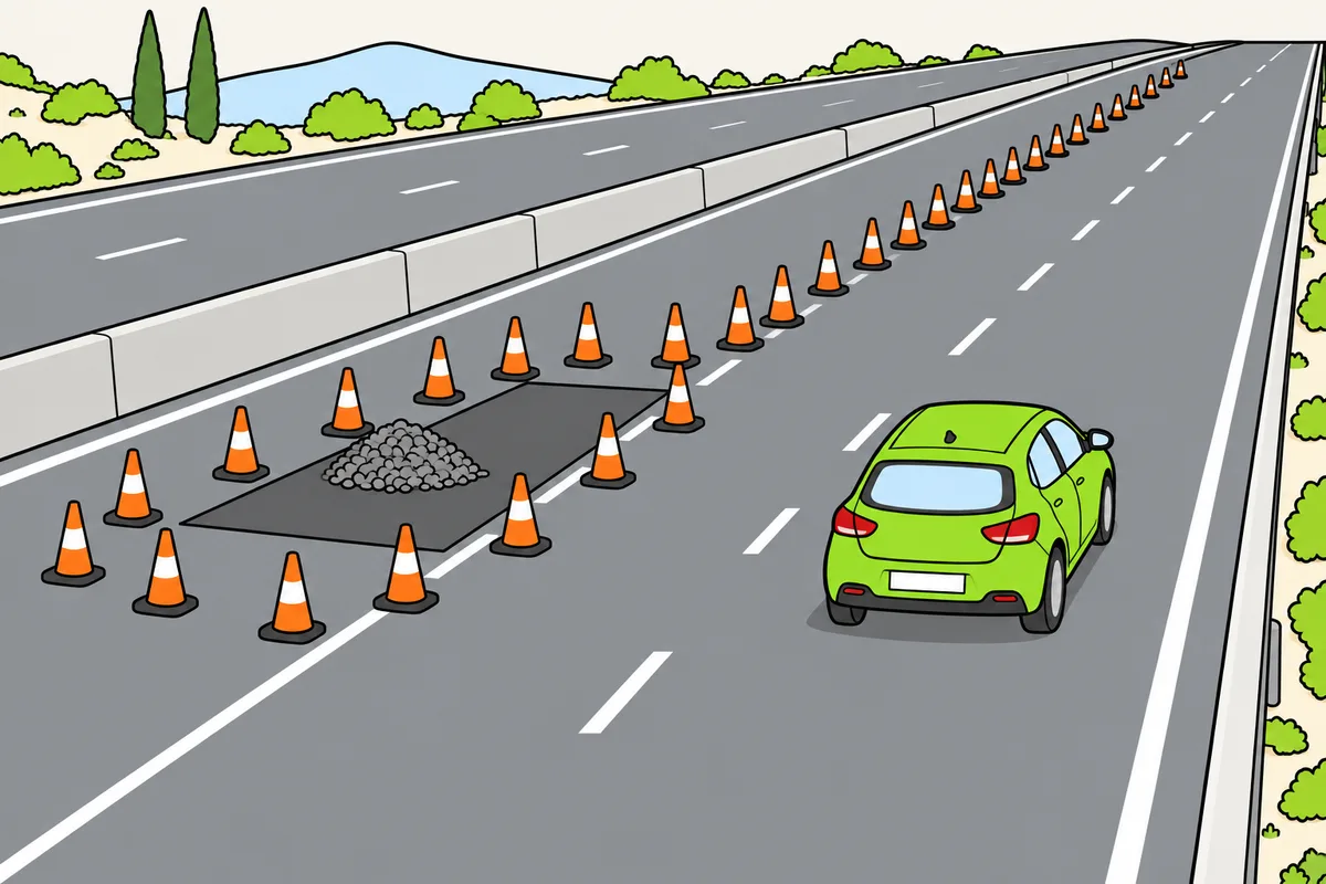 Un turismo verde circula por el carril derecho de una calzada con mediana junto a una zona de obras delimitada por conos naranjas y blancos en el carril izquierdo.