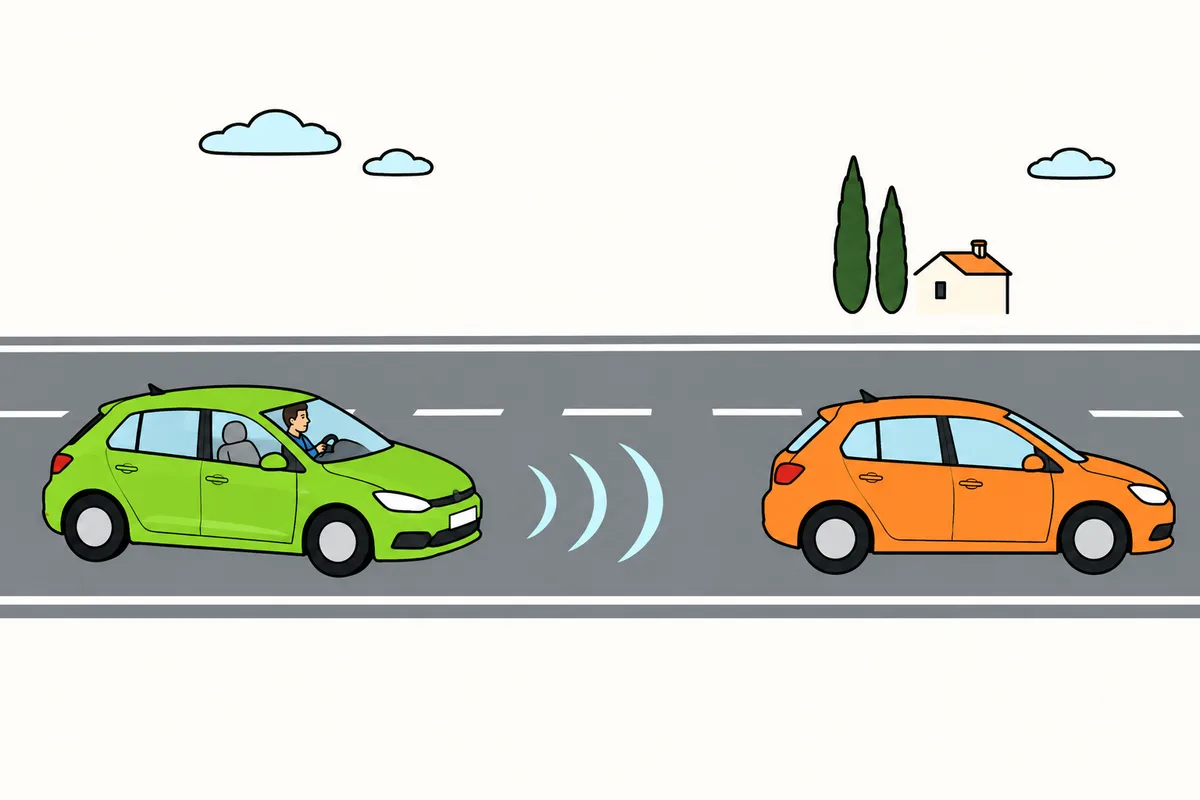 Un turismo verde con el conductor mirando al frente y las manos al volante sigue a un turismo naranja por el carril derecho, con tres ondas azules delante del parachoques.